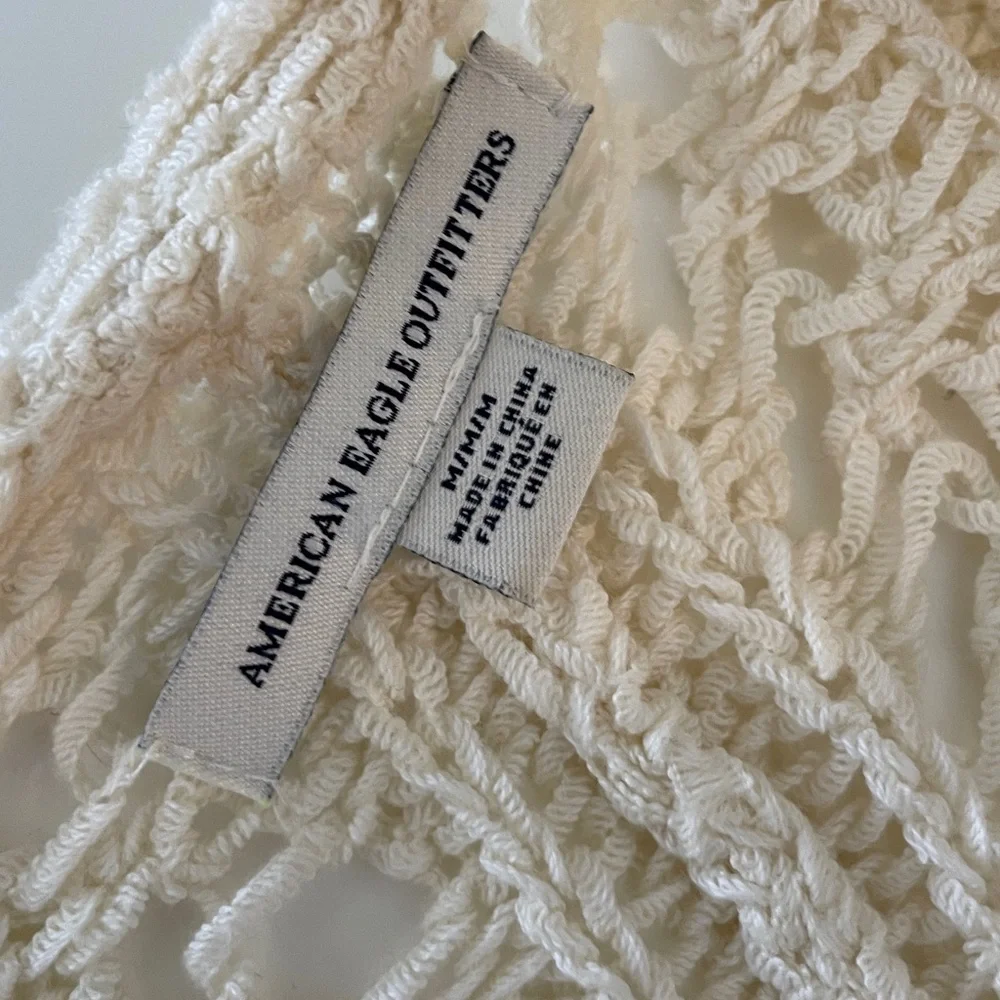 ❤️ American Eagle Fringe Crochet Knit Kimono Shaw Ivory Cream Oversized Boho